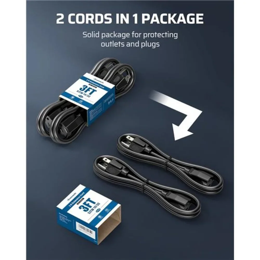 Extension Cord 3ft, 14/3 SJTW Weatherproof Power Cable for Indoor Outdoor Use